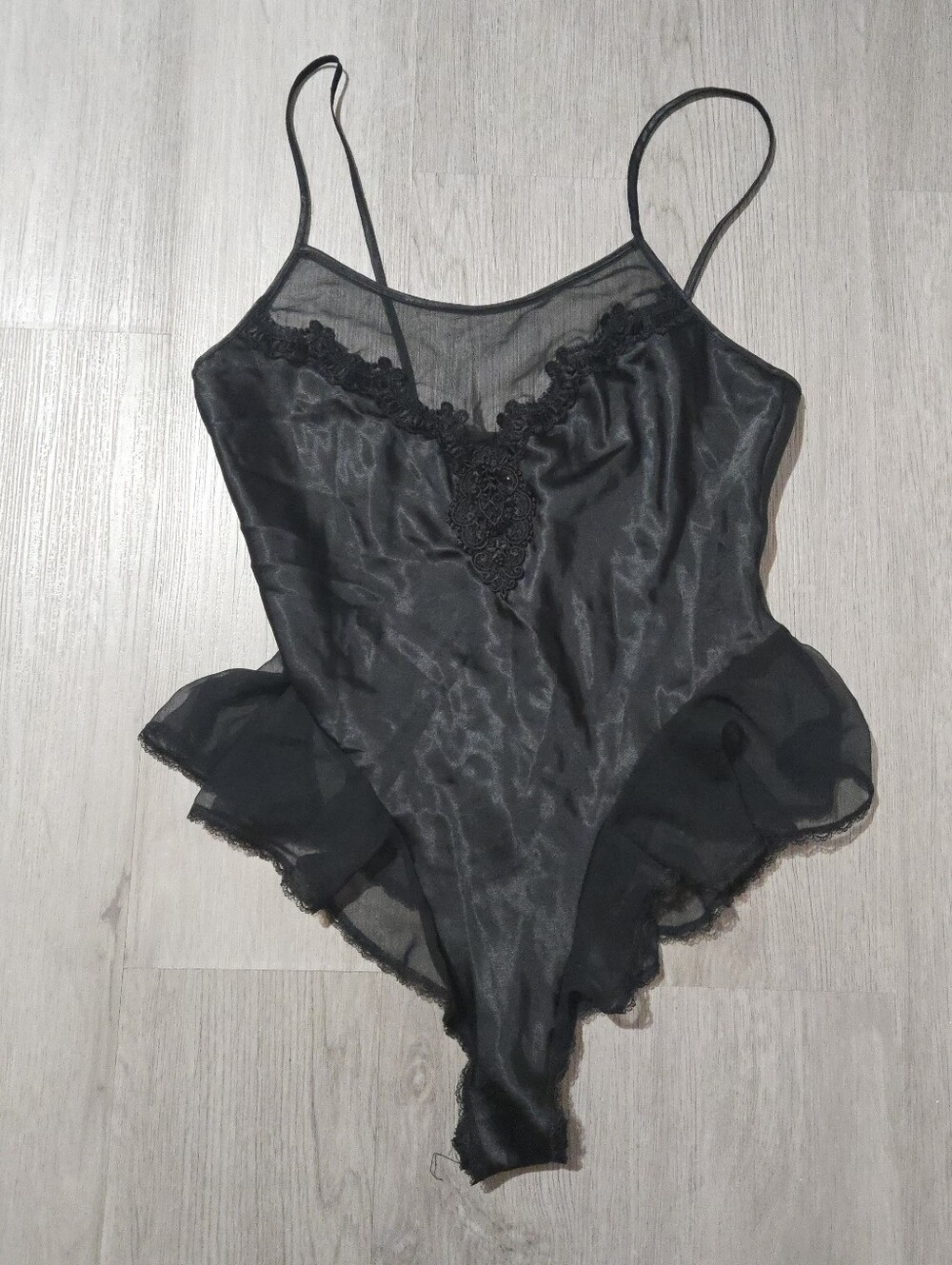 Vintage 70s Lucie Ann Black Sheer Teddy Bodysuit, SIZE Small